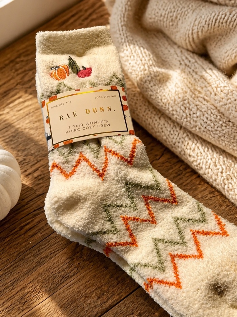3 pairs Rae Dunn Cream Cozy Crew Socks Orange & Green Zigzags Fall Theme NWT